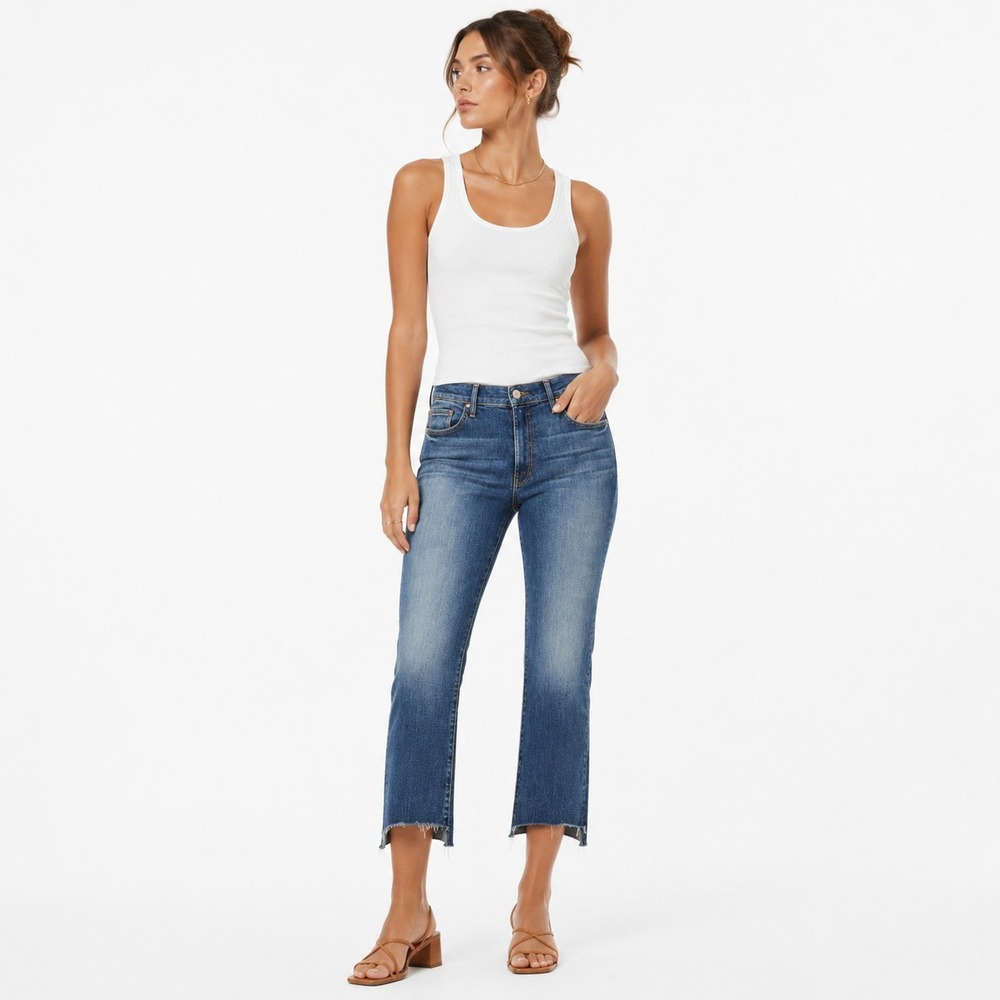 MOTHER The Insider Crop Step Fray Jeans Womens 32 Blue High Rise Raw Hem Denim